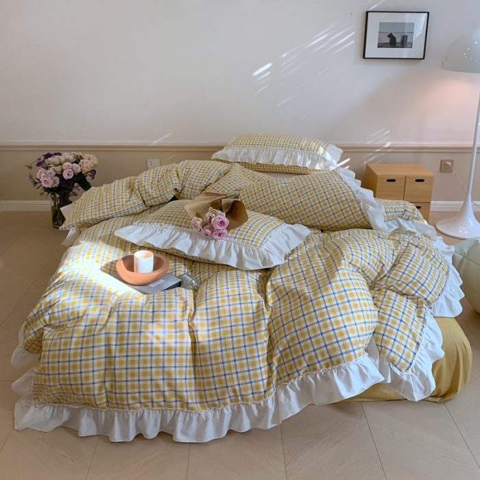 91家纺网 家纺一手货源 找家纺 昔可2022新款花边格子系列四件套 日落黄格