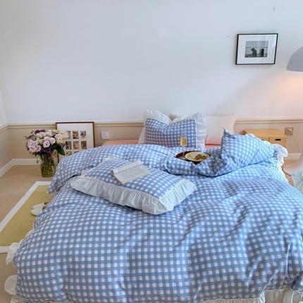 昔可2022新款花边格子系列四件套 日落蓝格