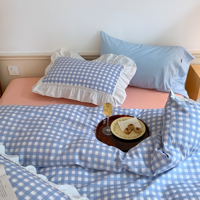 91家纺网 家纺一手货源 找家纺 昔可2022新款花边格子系列四件套 日落蓝格