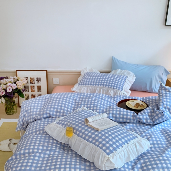 91家纺网 家纺一手货源 找家纺 昔可2022新款花边格子系列四件套 日落蓝格