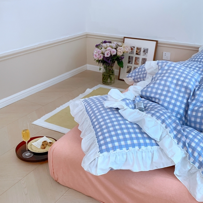 91家纺网 家纺一手货源 找家纺 昔可2022新款花边格子系列四件套 日落蓝格