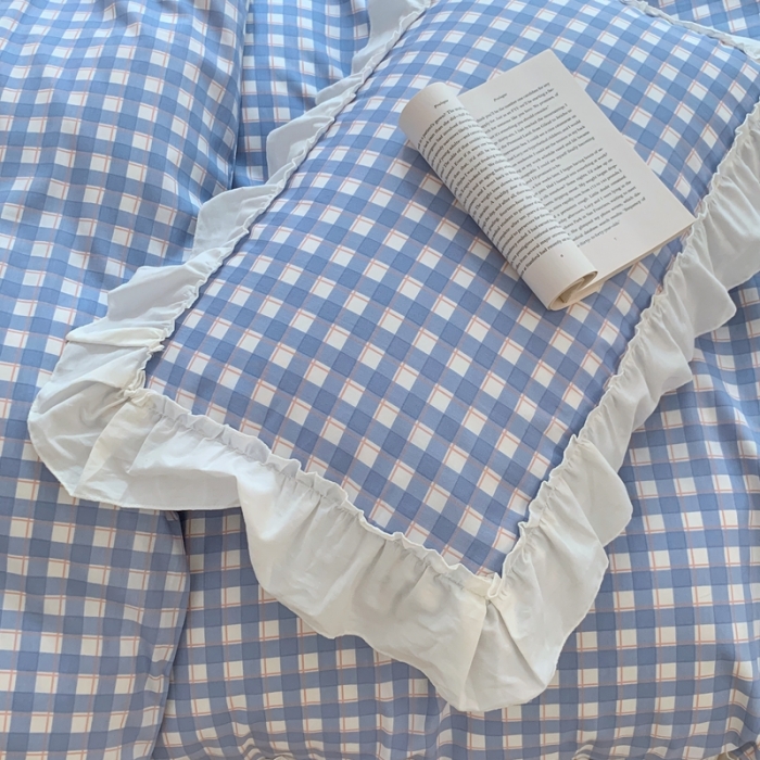 91家纺网 家纺一手货源 找家纺 昔可2022新款花边格子系列四件套 日落蓝格