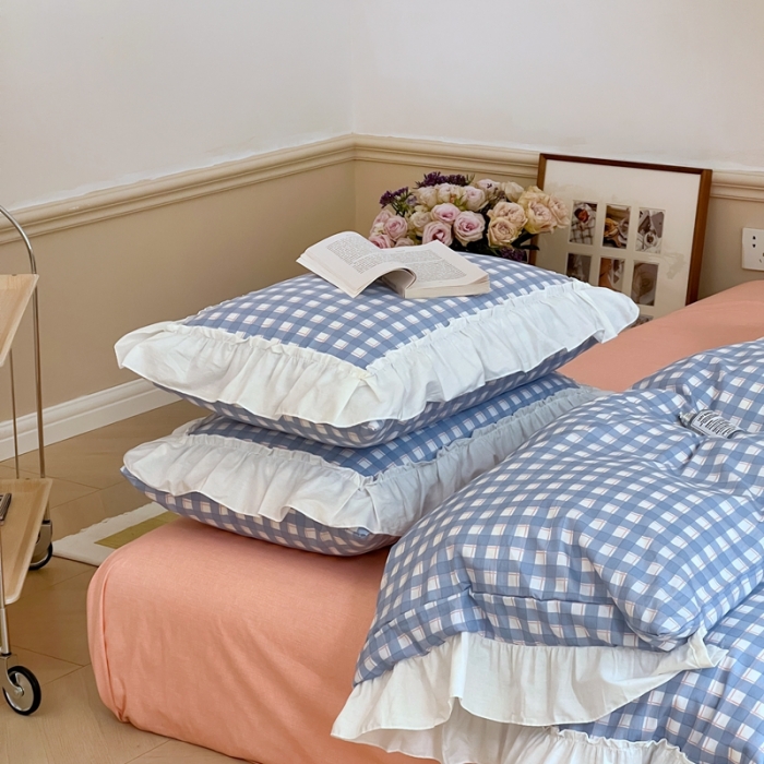 91家纺网 家纺一手货源 找家纺 昔可2022新款花边格子系列四件套 日落蓝格