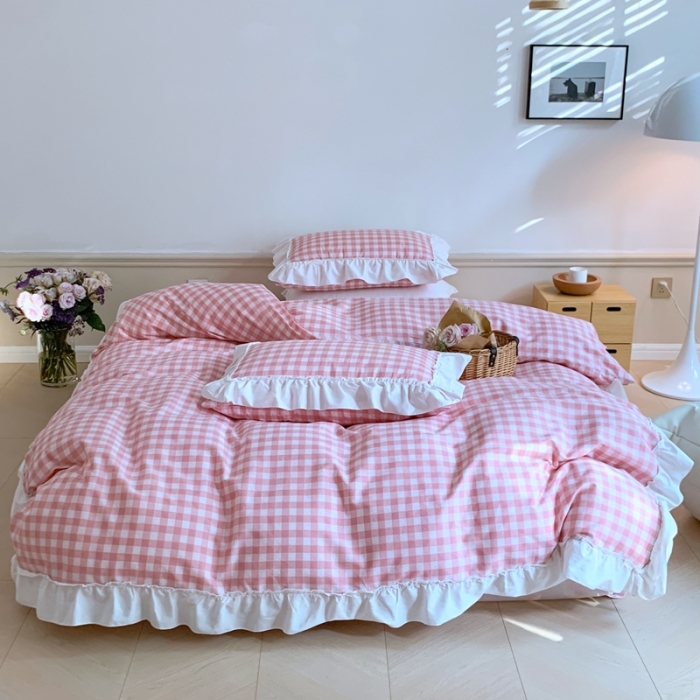 91家纺网 家纺一手货源 找家纺 昔可2022新款花边格子系列四件套 丝雾蜜桃格