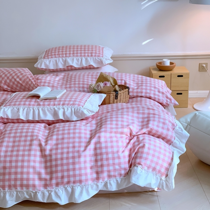 91家纺网 家纺一手货源 找家纺 昔可2022新款花边格子系列四件套 丝雾蜜桃格