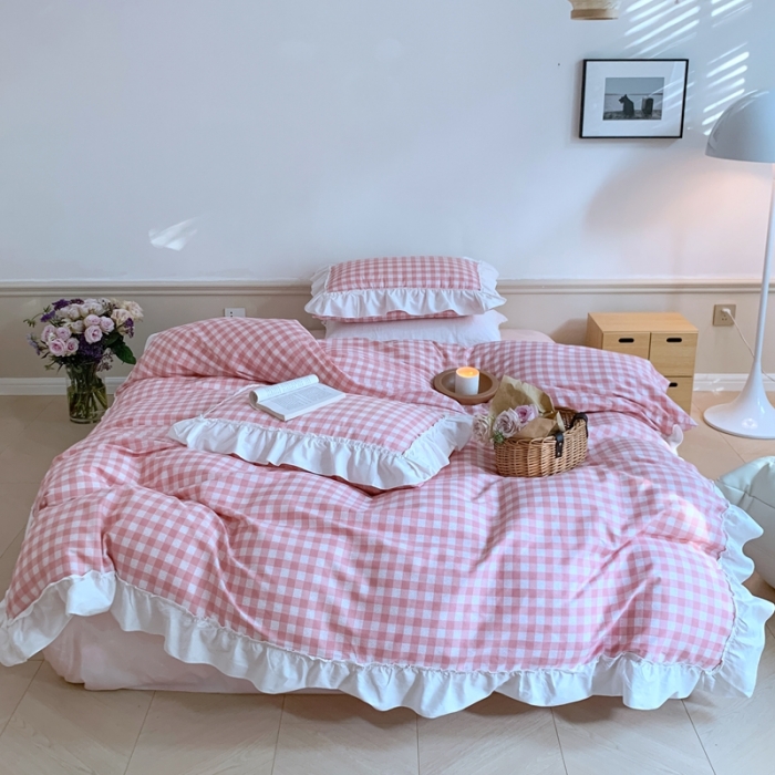 91家纺网 家纺一手货源 找家纺 昔可2022新款花边格子系列四件套 丝雾蜜桃格