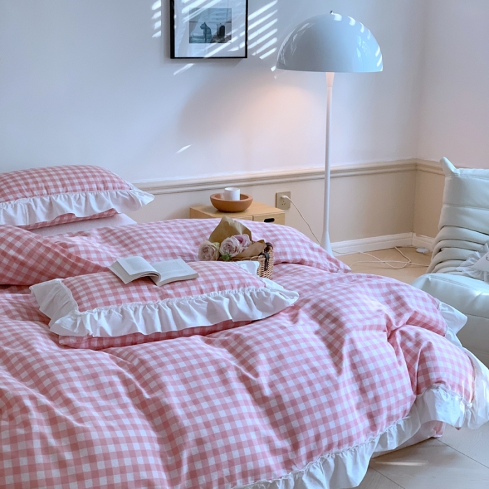 91家纺网 家纺一手货源 找家纺 昔可2022新款花边格子系列四件套 丝雾蜜桃格