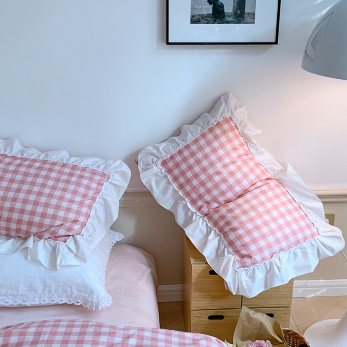 91家纺网 家纺一手货源 找家纺 昔可2022新款花边格子系列四件套 丝雾蜜桃格