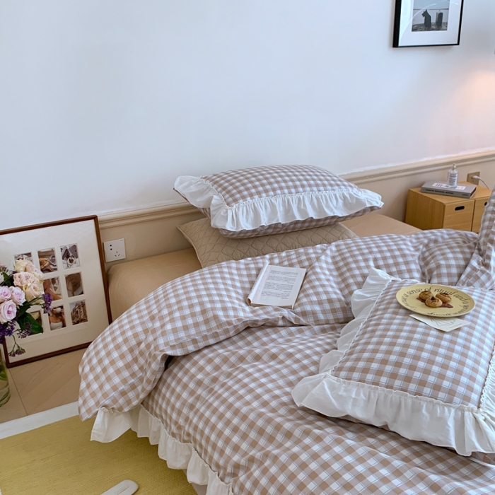 91家纺网 家纺一手货源 找家纺 昔可2022新款花边格子系列四件套 苏格咖