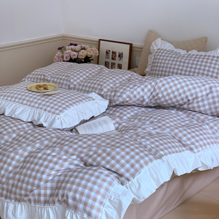 91家纺网 家纺一手货源 找家纺 昔可2022新款花边格子系列四件套 苏格咖