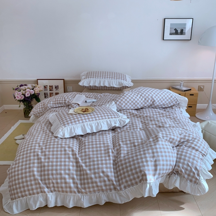 91家纺网 家纺一手货源 找家纺 昔可2022新款花边格子系列四件套 苏格咖