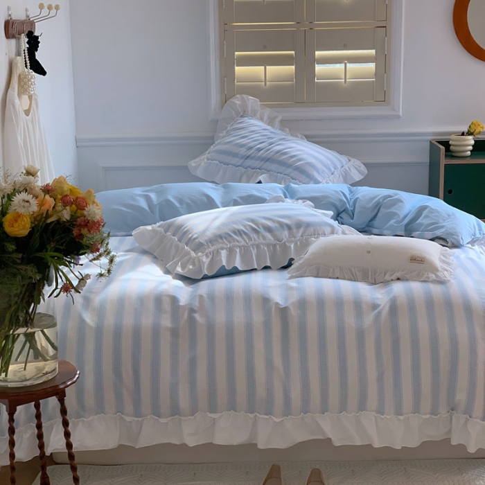 91家纺网 家纺一手货源 找家纺 （总）昔可2022新款花边条纹系列四件套