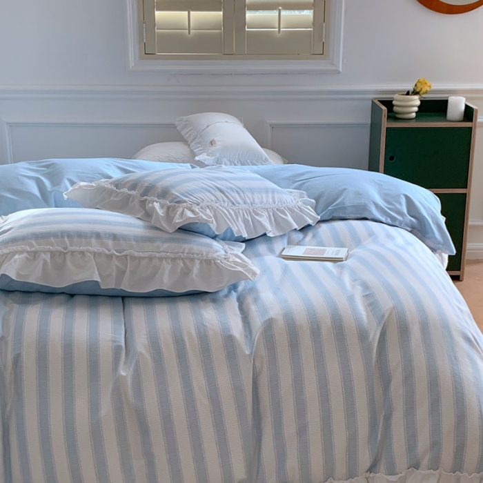 91家纺网 家纺一手货源 找家纺 （总）昔可2022新款花边条纹系列四件套