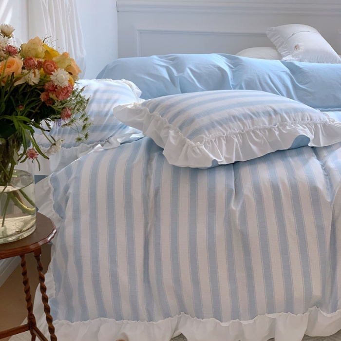 91家纺网 家纺一手货源 找家纺 （总）昔可2022新款花边条纹系列四件套