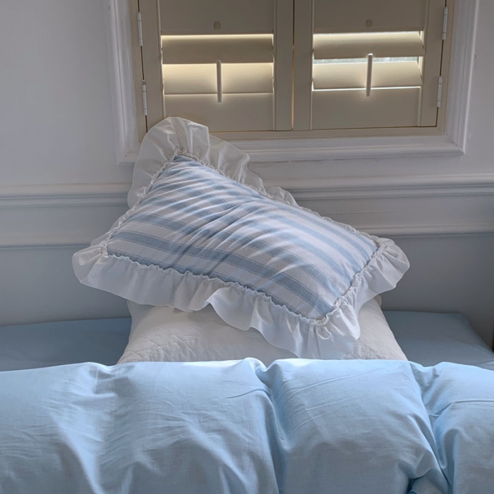 91家纺网 家纺一手货源 找家纺 昔可2022新款花边条纹系列四件套 奈雪蓝条纹