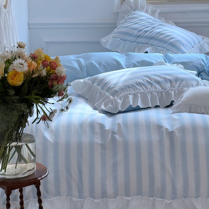 91家纺网 家纺一手货源 找家纺 昔可2022新款花边条纹系列四件套 奈雪蓝条纹