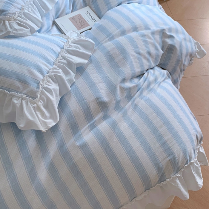 91家纺网 家纺一手货源 找家纺 昔可2022新款花边条纹系列四件套 奈雪蓝条纹