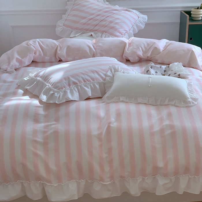 91家纺网 家纺一手货源 找家纺 昔可2022新款花边条纹系列四件套 蔷薇粉条纹