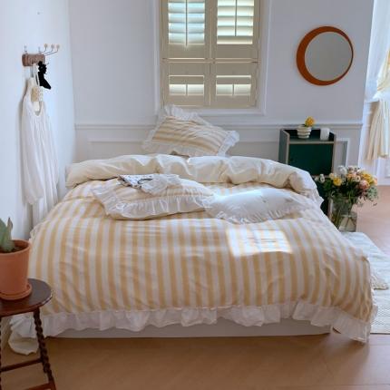 昔可2022新款花边条纹系列四件套 小鸡黄条纹