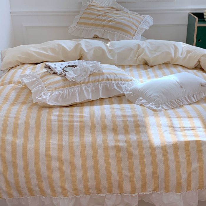 91家纺网 家纺一手货源 找家纺 昔可2022新款花边条纹系列四件套 小鸡黄条纹