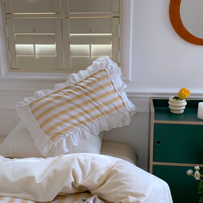 91家纺网 家纺一手货源 找家纺 昔可2022新款花边条纹系列四件套 小鸡黄条纹