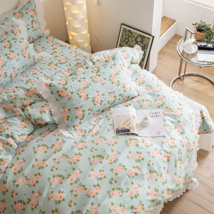 91家纺网 家纺一手货源 找家纺 添越 小清新韩版蕾丝花边纯棉夹棉床盖三件套全棉 安娜花园