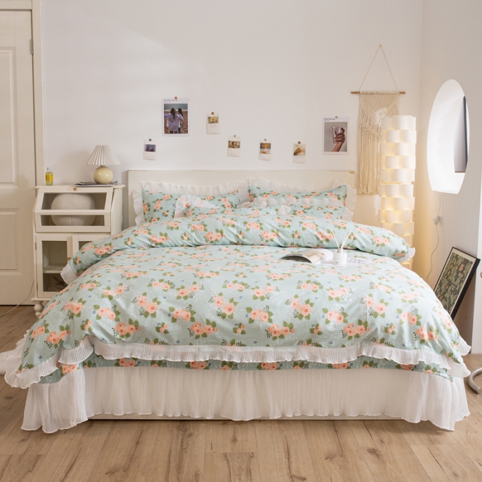 91家纺网 家纺一手货源 找家纺 添越 小清新韩版蕾丝花边纯棉夹棉床盖三件套全棉 安娜花园