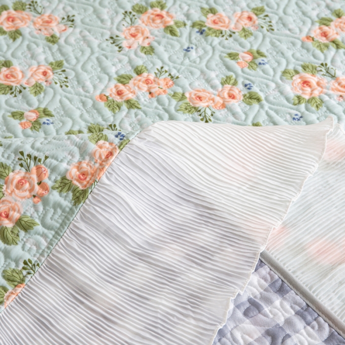 91家纺网 家纺一手货源 找家纺 添越 小清新韩版蕾丝花边纯棉夹棉床盖三件套全棉 安娜花园