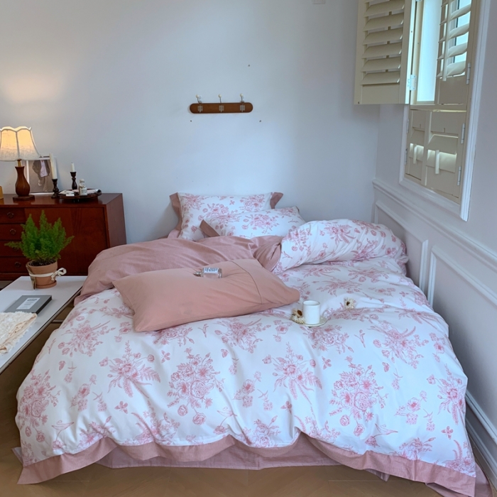 91家纺网 家纺一手货源 找家纺 昔可2022新款轻奢dior风四件套 蝴蝶玫瑰 粉