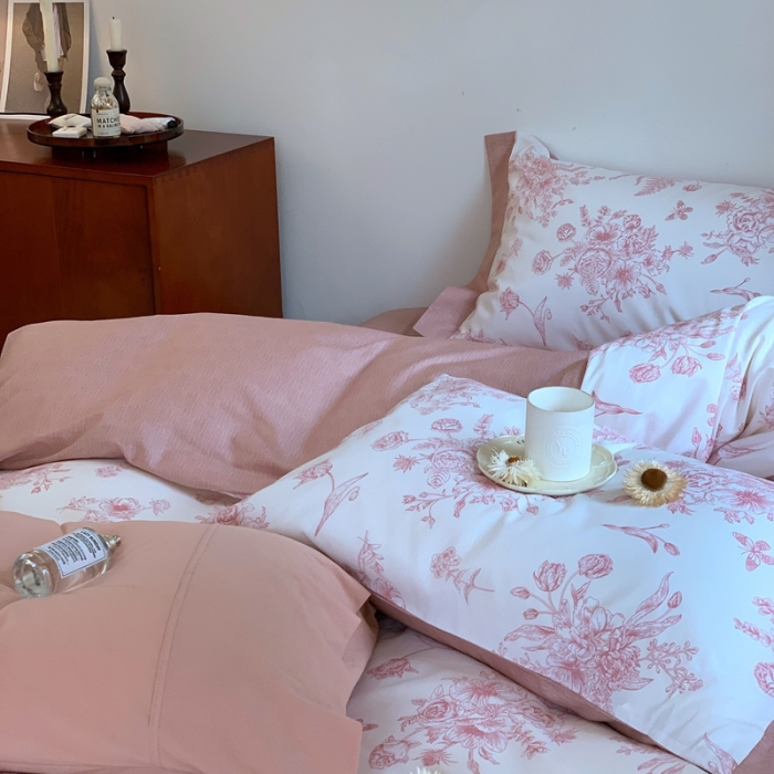 91家纺网 家纺一手货源 找家纺 昔可2022新款轻奢dior风四件套 蝴蝶玫瑰 粉