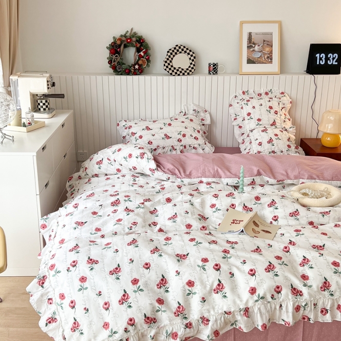 91家纺网 家纺一手货源 找家纺 昔可2022新款复古花花边四件套 法式恋恋玫瑰