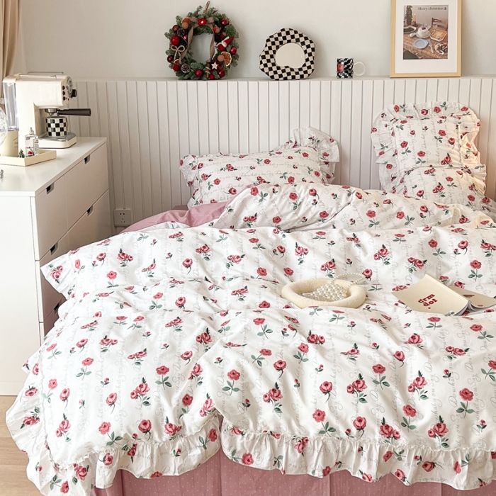 91家纺网 家纺一手货源 找家纺 昔可2022新款复古花花边四件套 法式恋恋玫瑰