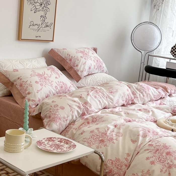 91家纺网 家纺一手货源 找家纺 昔可2022新款轻奢dior风四件套 蝴蝶玫瑰 粉