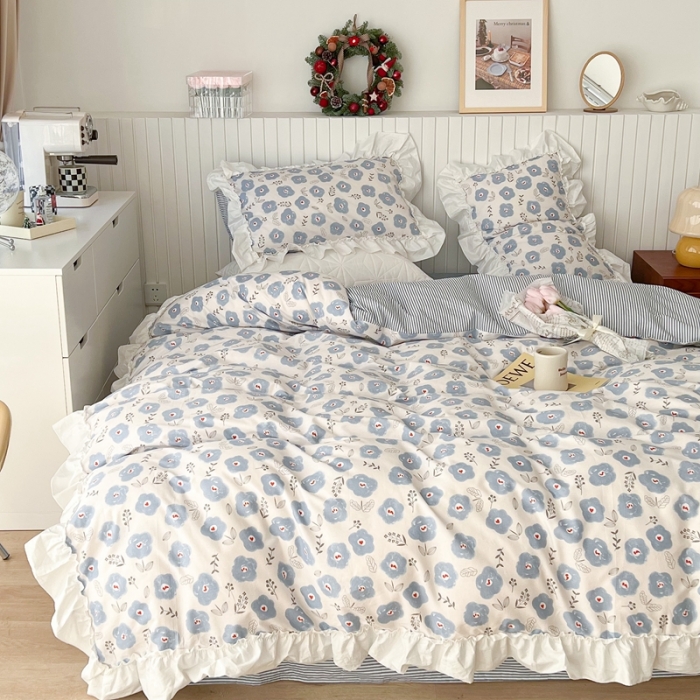 91家纺网 家纺一手货源 找家纺 昔可2022新款复古花花边四件套 蓝色花海