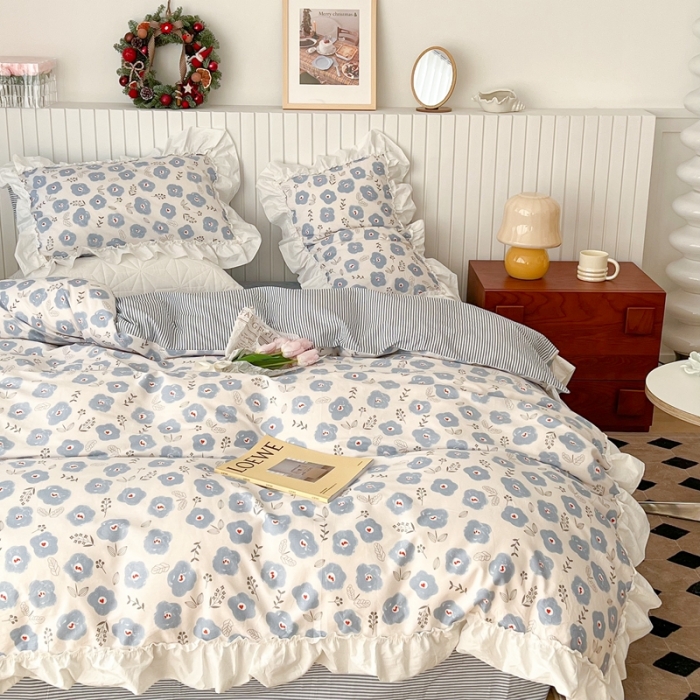 91家纺网 家纺一手货源 找家纺 昔可2022新款复古花花边四件套 蓝色花海