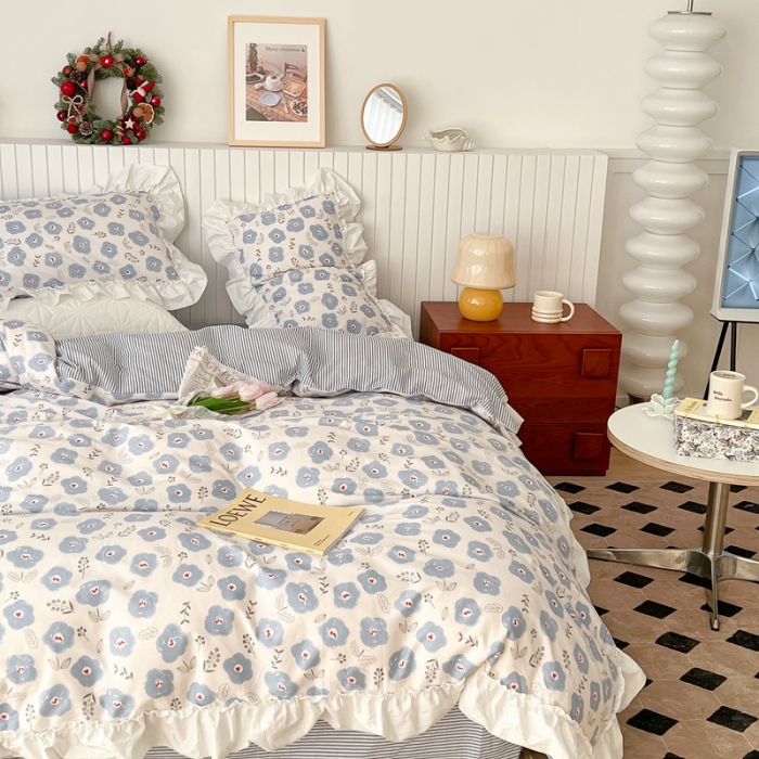 91家纺网 家纺一手货源 找家纺 昔可2022新款复古花花边四件套 蓝色花海