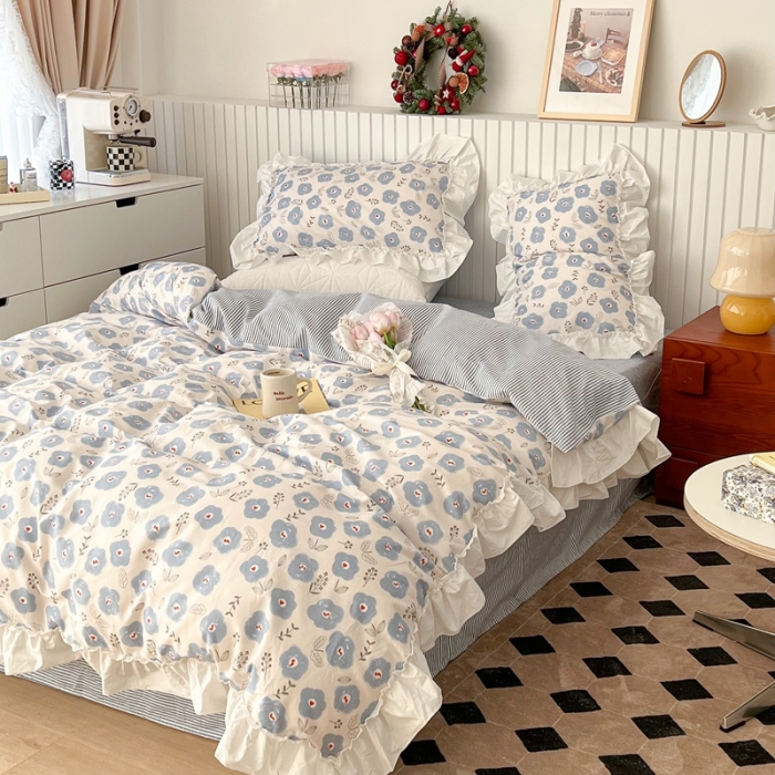 91家纺网 家纺一手货源 找家纺 昔可2022新款复古花花边四件套 蓝色花海