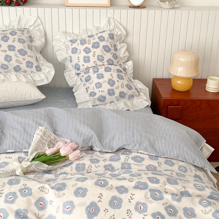 91家纺网 家纺一手货源 找家纺 昔可2022新款复古花花边四件套 蓝色花海