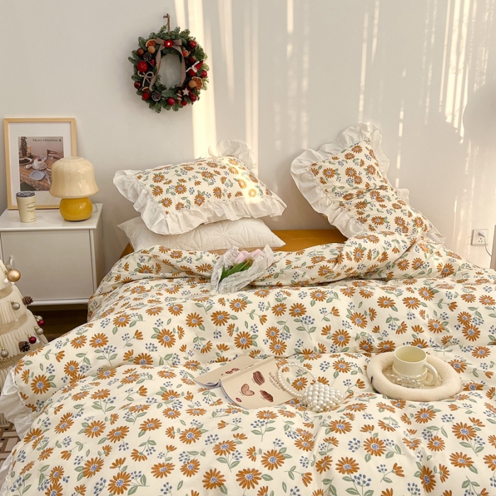 91家纺网 家纺一手货源 找家纺 昔可2022新款复古花花边四件套 落日小野菊