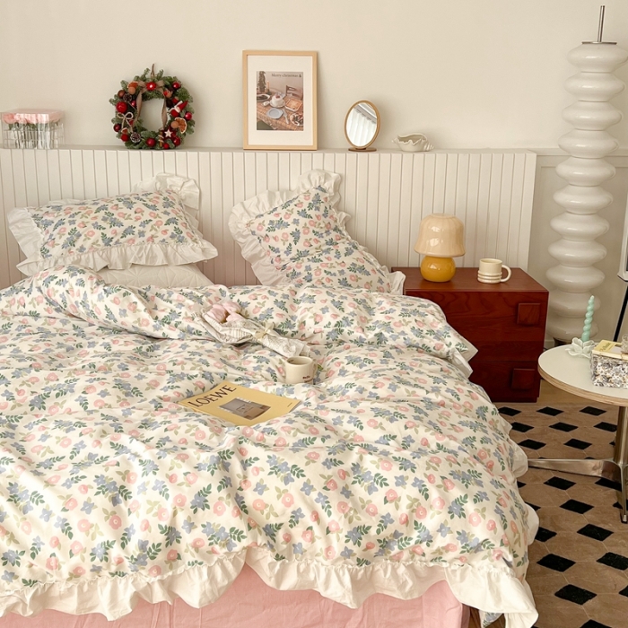91家纺网 家纺一手货源 找家纺 昔可2022新款复古花花边四件套 奶油花香
