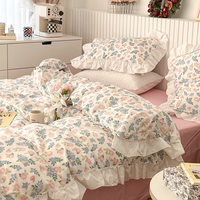 91家纺网 家纺一手货源 找家纺 昔可2022新款复古花花边四件套 奶油花香