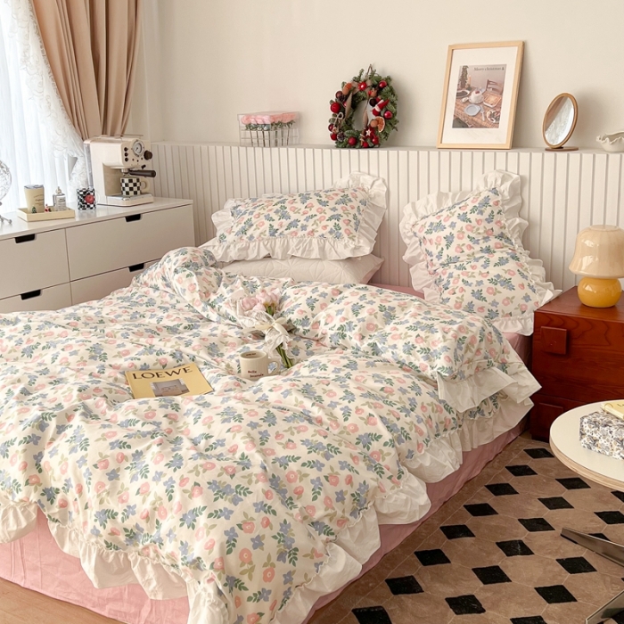 91家纺网 家纺一手货源 找家纺 昔可2022新款复古花花边四件套 奶油花香