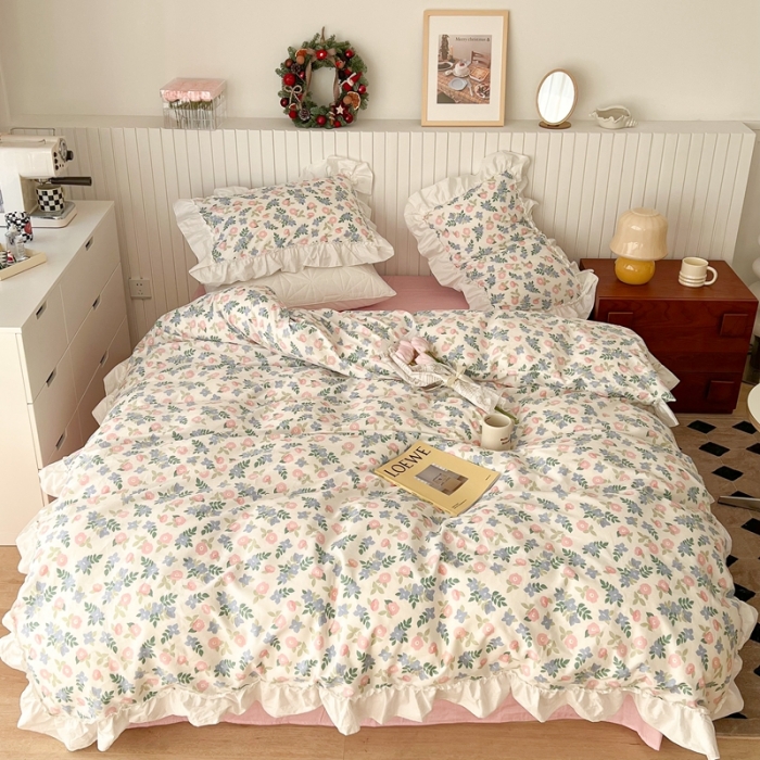 91家纺网 家纺一手货源 找家纺 昔可2022新款复古花花边四件套 奶油花香