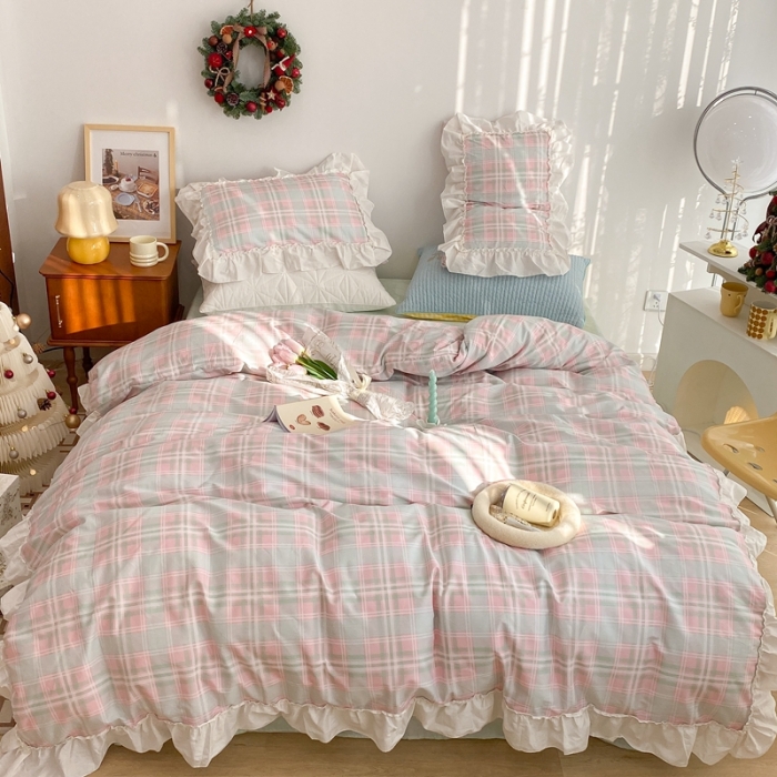 91家纺网 家纺一手货源 找家纺 昔可2022新款花边格子系列四件套 爱丁堡格