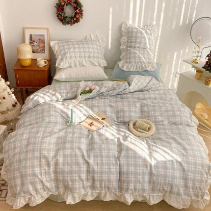91家纺网 家纺一手货源 找家纺 昔可2022新款花边格子系列四件套 白茶酪酪
