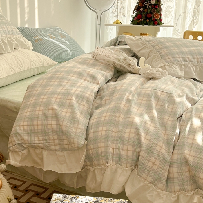 91家纺网 家纺一手货源 找家纺 昔可2022新款花边格子系列四件套 白茶酪酪