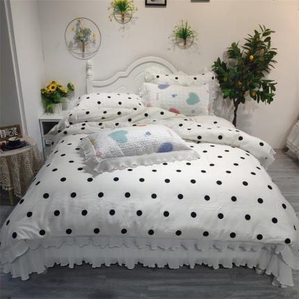 91家纺网 家纺一手货源 找家纺 添越 小清新韩版蕾丝花边纯棉夹棉床盖三件套全棉 波点白