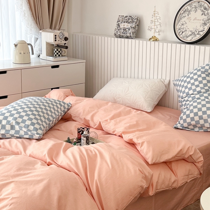 91家纺网 家纺一手货源 找家纺 昔可2022新款混搭纯色棋盘格套件四件套 粉玉蓝棋盘