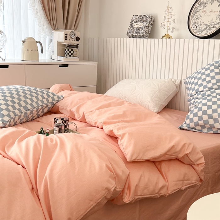 91家纺网 家纺一手货源 找家纺 昔可2022新款混搭纯色棋盘格套件四件套 粉玉蓝棋盘