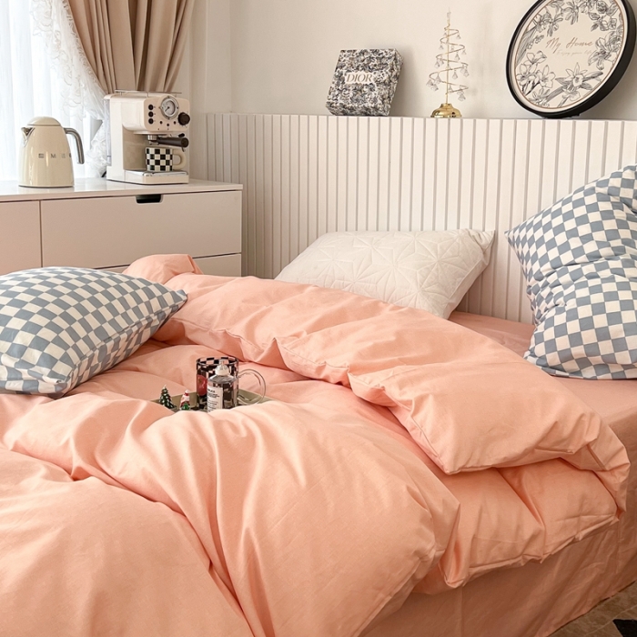 91家纺网 家纺一手货源 找家纺 昔可2022新款混搭纯色棋盘格套件四件套 粉玉蓝棋盘